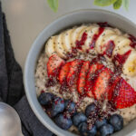 Beach Please Oatmeal with Coconut Milk, Banana, Strawberry, Blueberry, Chia Seeds, Berry Compote
